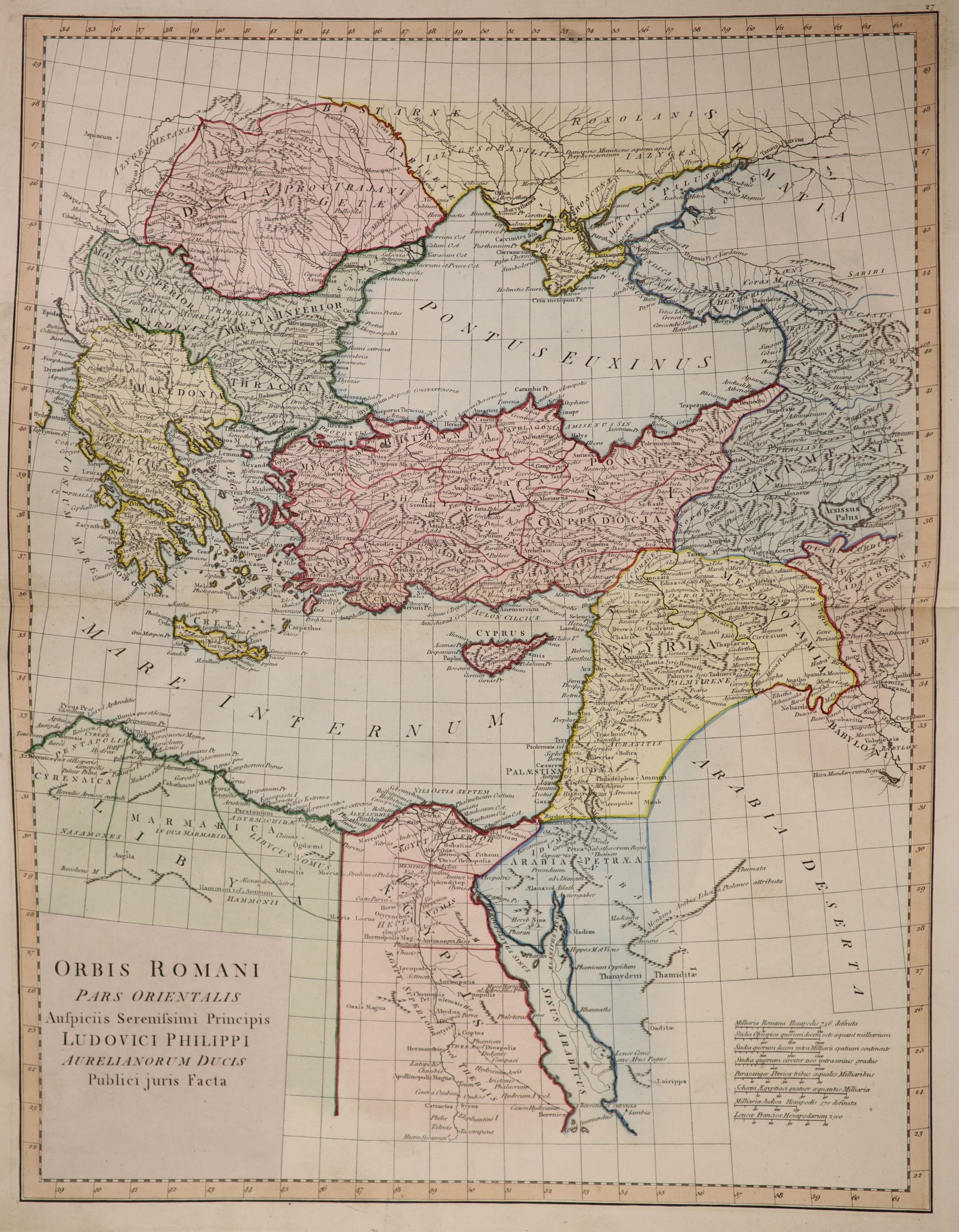 d’Anville, Jean Baptiste Bourguignon - An Atlas of Ancient Geography, folio, half red morocco, marbled boards, scuffed and torn, with 11 coloured engraved maps, J. Hearn, London, nd